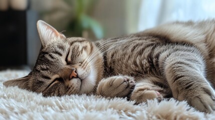 Poster - A chubby cat napping on a fluffy rug, with its head resting on its paws and a peaceful, contented expression.