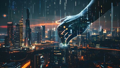 Wall Mural - Digital Hand Interacting with Futuristic Cityscape at Night, Symbolizing Technology Integration and Innovation in Urban Environments