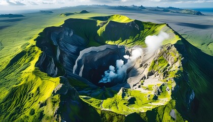 Wall Mural - Dramatic Aerial View of Volcanic Crater Surrounded by Vibrant Green Moss-Covered Landscape