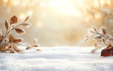 Wall Mural - Snow-dusted dry branches and autumn leaves sparkling in the soft glow of sunlight, creating a tranquil winter scene.