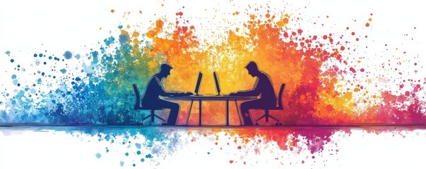 Dynamic Teamwork and Collaboration Concept: Two Men Working Together on Computer, Offering Support and Guidance in Vibrant Line Art Illustration