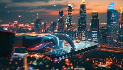 Wall Mural - Digital Hand Interacting with Futuristic Cityscape at Night, Symbolizing Technology Integration and Innovation in Urban Environments