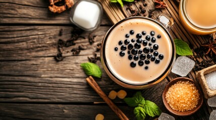 Poster - A close-up of a bubble tea cup with black tapioca pearls, surrounded by ingredients like tea leaves, sugar, and milk on a rustic wooden table.