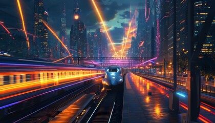 Wall Mural - Futuristic cityscape at night with vibrant light trails from moving trains in a bustling railway station