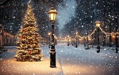 Snow-covered park with christmas lights and a glowing tree under falling snow, creating a serene winter wonderland.