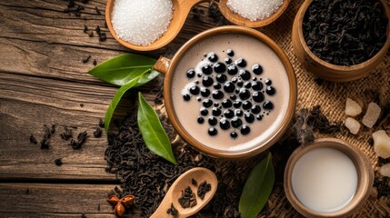 Poster - A close-up of a bubble tea cup with black tapioca pearls, surrounded by ingredients like tea leaves, sugar, and milk on a rustic wooden table.