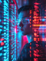 Poster - A young person wearing glasses stands against a backdrop of colorful digital data streams.