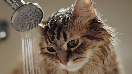 Poster - A close-up of a cat with a wet coat, being pampered with a gentle wash under a handheld shower head, capturing the bond between pet and owner.