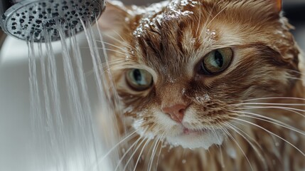 Poster - A close-up of a cat with a wet coat, being pampered with a gentle wash under a handheld shower head, capturing the bond between pet and owner.