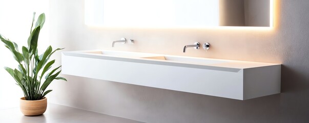 Floating vanity with integrated faucet and soft lighting, minimalist bathroom aesthetic, modern luxury