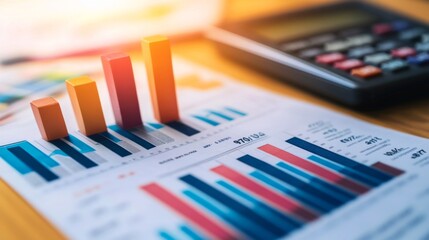 Poster - A close-up of a financial bar graph with rising bars, set against a backdrop of financial reports and a calculator, illustrating positive growth