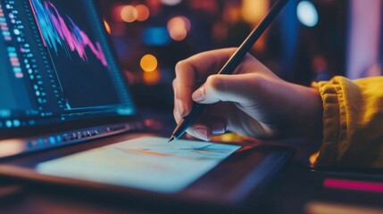 Aufkleber - A close-up of a graphic designer hand using a drawing tablet to create digital illustrations, with the screen showing colorful design elements.