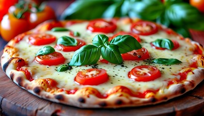 Wall Mural - Close-up of freshly baked pizza adorned with melted cheese, sliced tomatoes, and basil against a vibrant, glowing backdrop