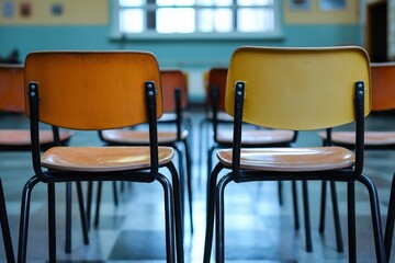 An empty classroom with rows of wooden chairs and a tiled floor. Bright light coming through the windows.