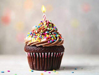 Colorful cupcake with candle and sprinkles on top