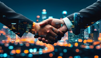 Wall Mural - Digital cityscape handshake symbolizing corporate partnership and global connections through double exposure at night