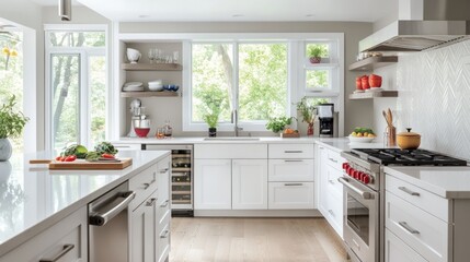 Modern kitchen with white cabinetry, natural light, and fresh ingredients for cooking.