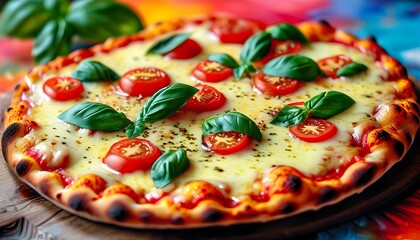 Wall Mural - Close-up of freshly baked pizza adorned with melted cheese, sliced tomatoes, and basil against a vibrant, glowing backdrop