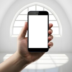 A hand holding a smartphone in white background