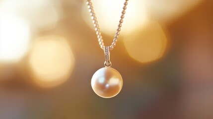 Poster - A close-up of a pearl pendant hanging from a delicate chain, captured with soft-focus lighting to highlight its simple beauty and grace