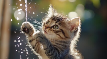 Poster - A close-up of a kitten batting at a stream of water from a faucet, with its paws reaching out and water droplets catching the light