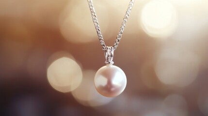 Poster - A close-up of a pearl pendant hanging from a delicate chain, captured with soft-focus lighting to highlight its simple beauty and grace