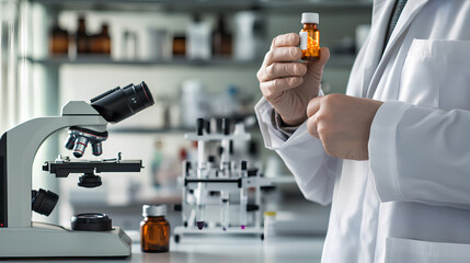 Wall Mural - scientist working in laboratory, holds bottles of medicine in his hands