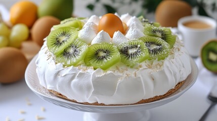 A close-up shot of a pavlova dessert with kiwi slices and a single egg yolk in the middle.