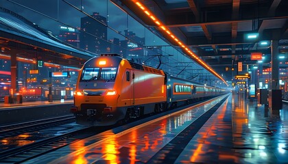 Wall Mural - Futuristic freight train yard illuminated by vibrant lights in a lively night scene