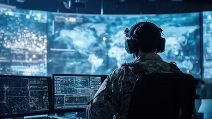 Poster - Military personnel monitors data in a high-tech command center with multiple screens