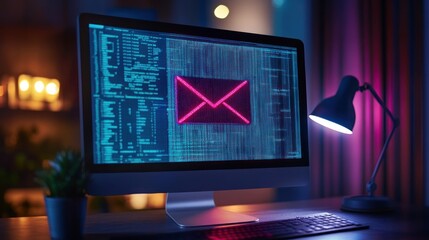 Poster - A computer screen displays digital mail with coding elements, emphasizing technology and communication.