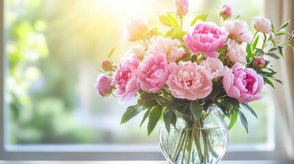 Wall Mural - A vibrant bouquet of pink peonies and lilac eustoma roses in a clear glass vase, accented by fresh green leaves. Sunlit spring backdrop for a summer bloom