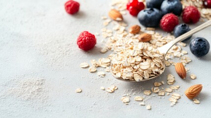 Poster - A close-up of rolled oats and a spoon, with a sprinkling of fresh berries and nuts on a white surface, highlighting the nutritious and versatile nature of the grains.