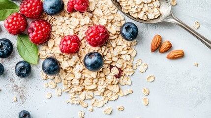 Poster - A close-up of rolled oats and a spoon, with a sprinkling of fresh berries and nuts on a white surface, highlighting the nutritious and versatile nature of the grains.