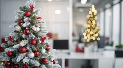 Wall Mural - Festive and happiness vibe. Xmas tree decoration in office space.