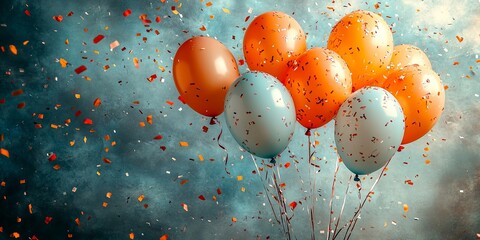 Wall Mural - A cluster of blue and orange balloons floating in the air with confetti falling around them