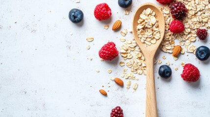 Poster - A close-up of rolled oats and a spoon, with a sprinkling of fresh berries and nuts on a white surface, highlighting the nutritious and versatile nature of the grains.