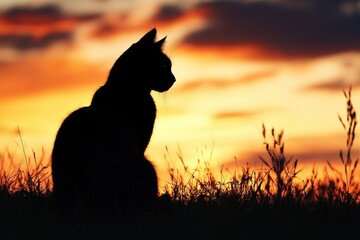 Canvas Print - Black Cat Silhouetted Against a Dramatic Sunset