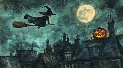 Witch flying on a broom under a full moon past a jack-o-lantern on a house.