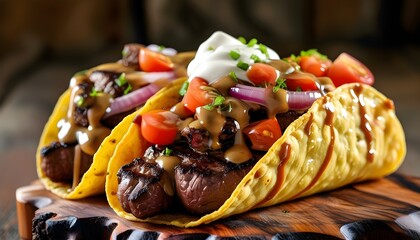 Wall Mural - Savory steak and tomato quesadillas with crispy golden crust, paired with a creamy dip on a rustic wooden board