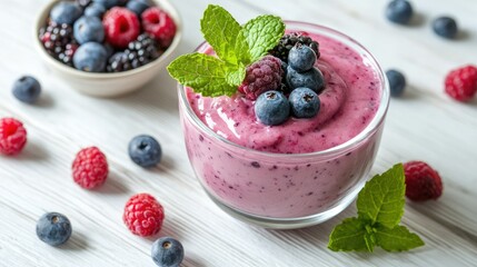 Wall Mural - Blueberry yogurt in a white dish on a white wooden table, garnished with fresh berries and mint leaves for a healthy snack