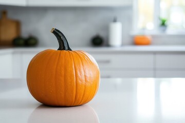 Poster - A Single Orange Pumpkin Rests on a White Countertop