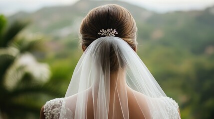 Bride with a high bun and a sparkling hairpin, her veil cascading down her back as she stands before a scenic backdrop.