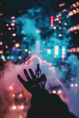 Wall Mural - A hand holding a bottle of vape in a city with smoke and lights