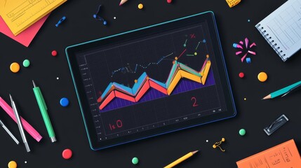 Aufkleber - A colorful financial line graph on a tablet screen, with various data points showing trends and changes in market dynamics, surrounded by office supplies.