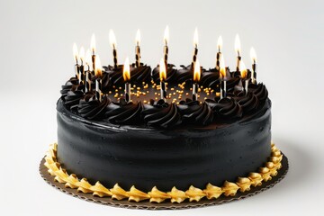 Black round birthday cake with burning golden candles on white background, closeup