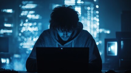 Poster - A person focused on a laptop, surrounded by a cityscape at night, conveying a tech vibe.