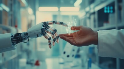 Poster - artificial intelligence robot finger touching to human finger about tech innovation, machine learnin
