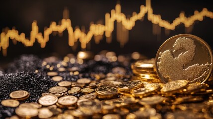 Leinwandbilder - A conceptual image of gold price trends with a graph overlaid on a background of gold bullion and coins, emphasizing the connection between gold and financial markets