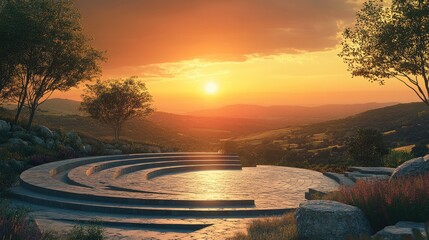 A tranquil sunset scene at an amphitheatre overlooking a valley, with the seating made of smooth stone and the stage set against a backdrop of rolling hills. The setting sun casts a golden light over